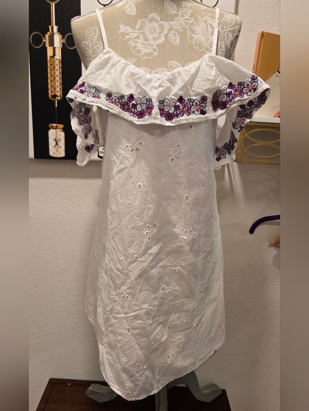 White Eyelet Cold-Shoulder Mini Dress with Purple Floral Embroidery